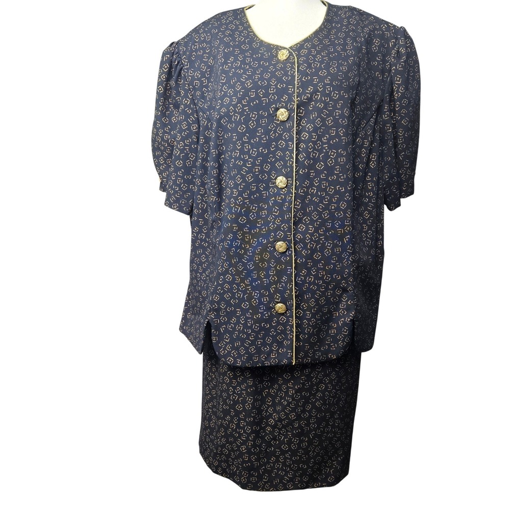 Whirlaway Frocks Vintage Navy Gold Geometric Skirt Suit Set 24WP Plus Petite